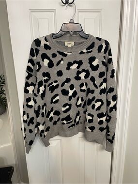 ADORA Gray Leopard Print Crewneck Sweater with Black and Cream Spots